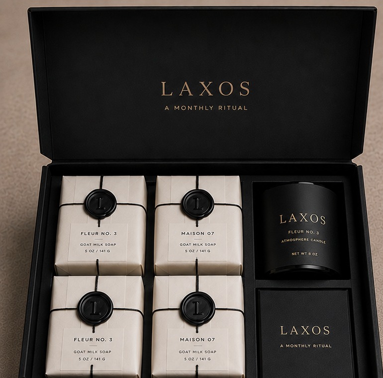 Open LAXOS monthly ritual box with four wrapped soaps and atmosphere candle