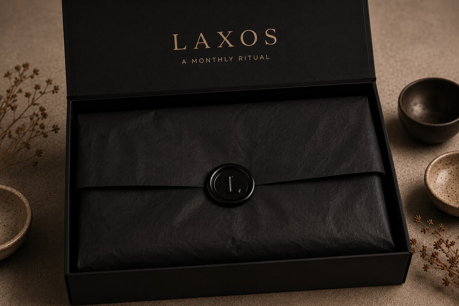 LAXOS box with black tissue wrap and wax seal